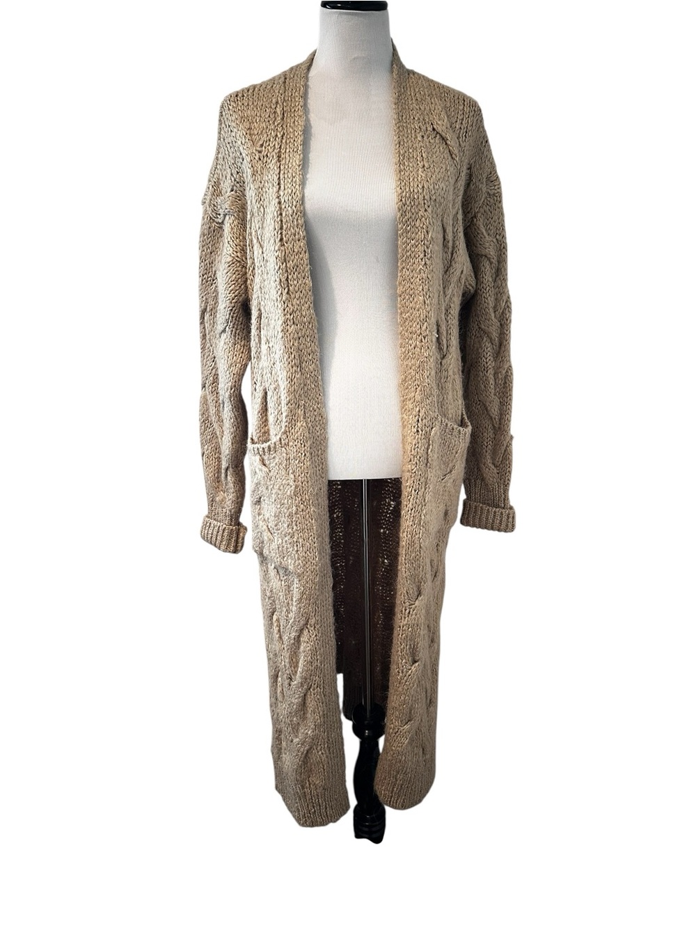 Zara Long Taupe Tan  Cable Knit Open Long Line Cardigan with Pockets